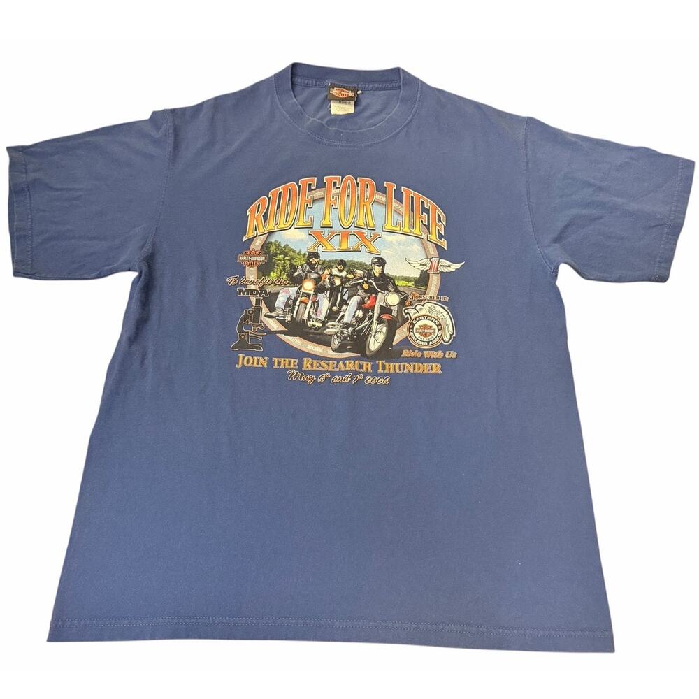 Vintage Harley Davidson MDA Ride for Life XIX Tee Sz L Blue Retro Americana Dad
